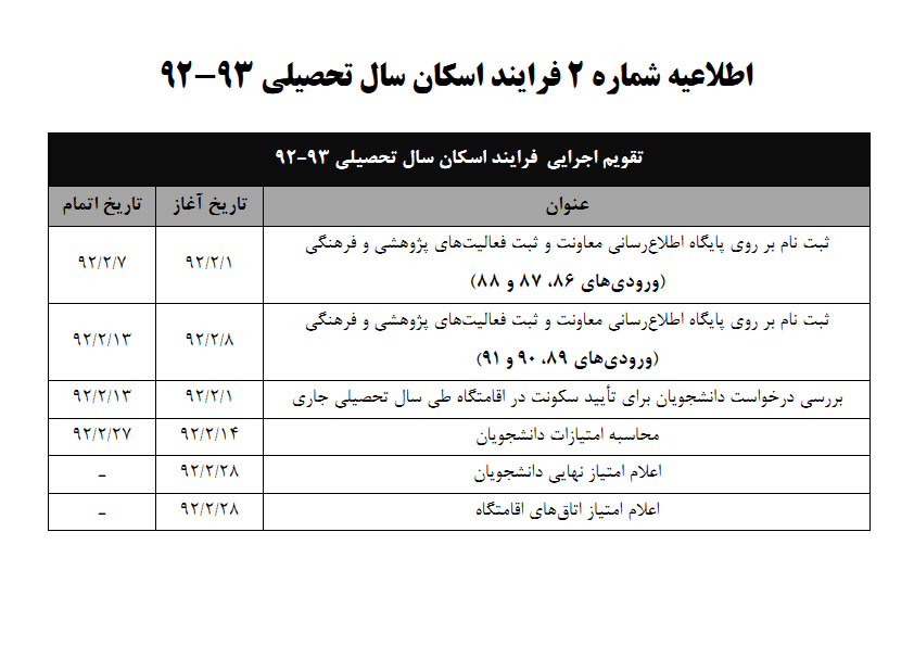 تفویم اجرایی اسکان 92